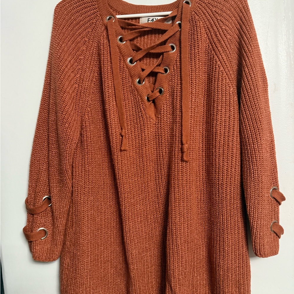 Fay Brown V-Neck Sweater with Lace-Up Detail